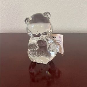 Fenton Clear Glass Bear Figurine with pink Heart June Birthday Edition.